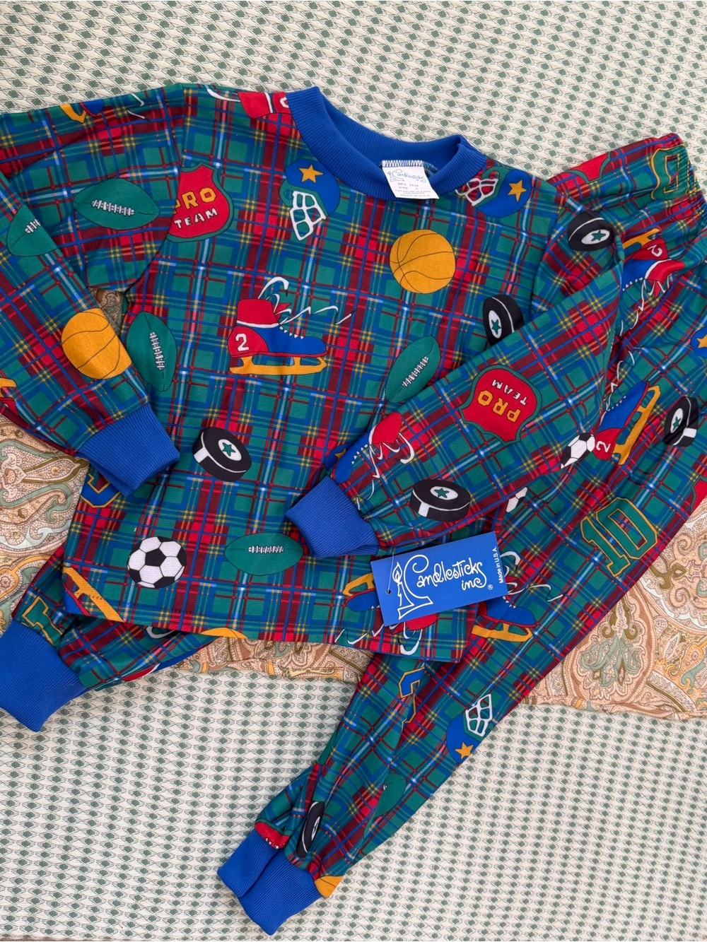 New Vintage Candlesticks 90s Boys Sports Themed Pajamas Set Long Sleeve Size 5